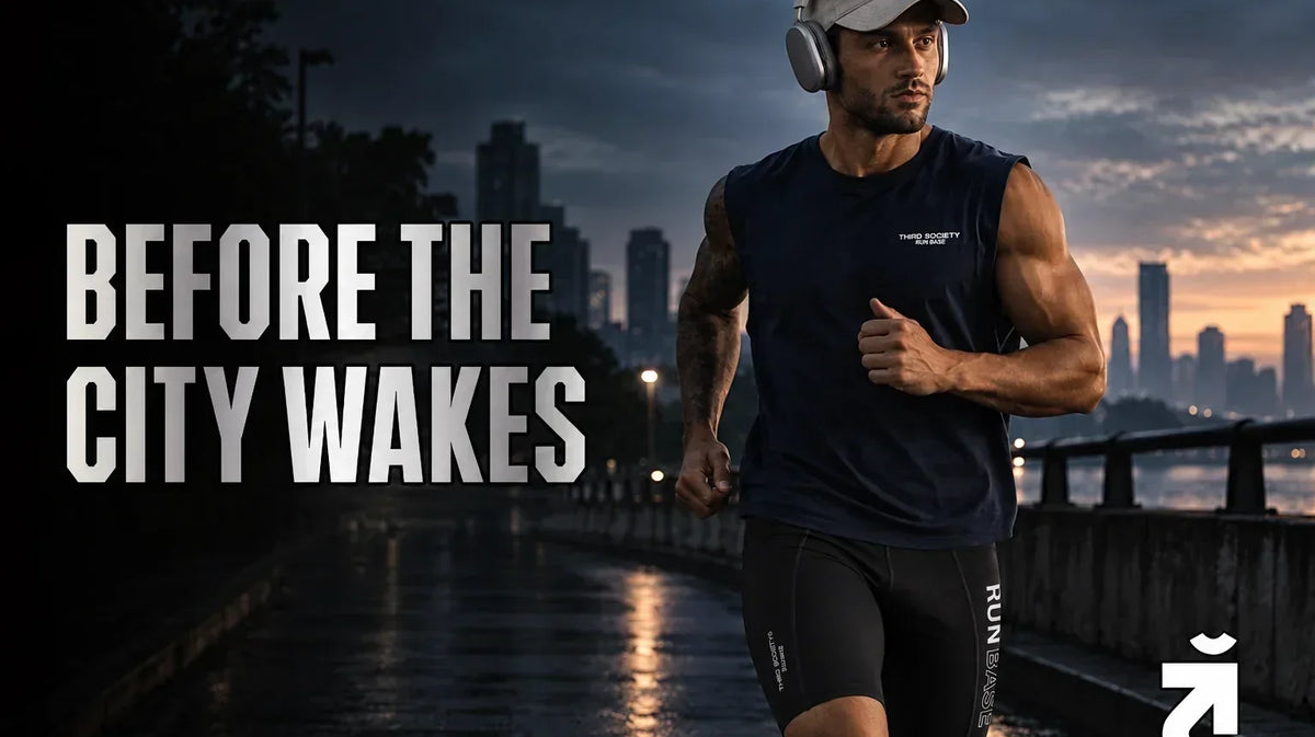 Runner wearing the Third Society Iron Blue Tank and Run Base Half Tights Black during a morning run