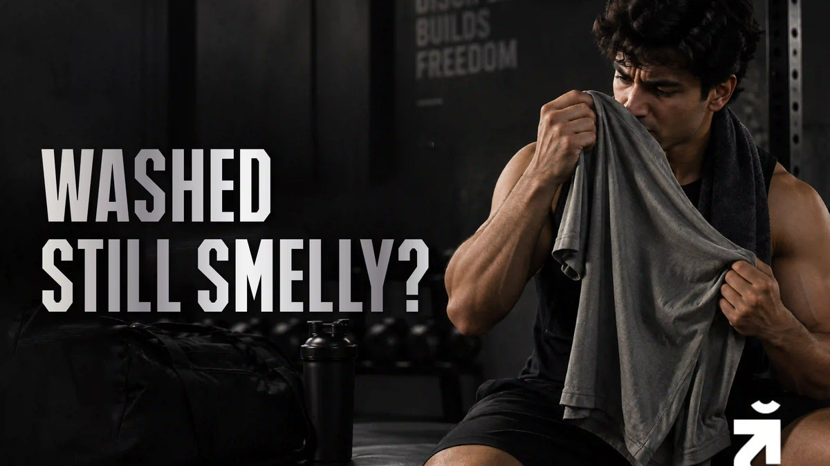 Man wearing a black Third Society tank top smelling a grey gym shirt after a workout