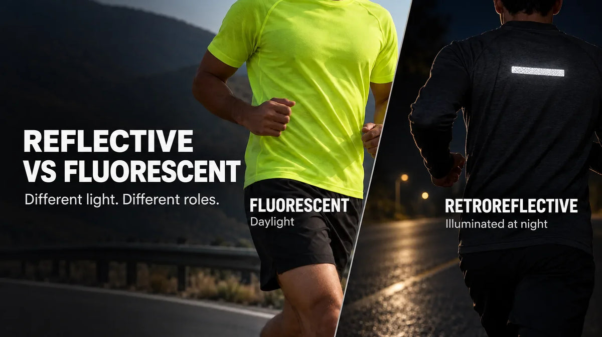Fluorescent material shown in daylight beside retroreflective material illuminated in darkness.