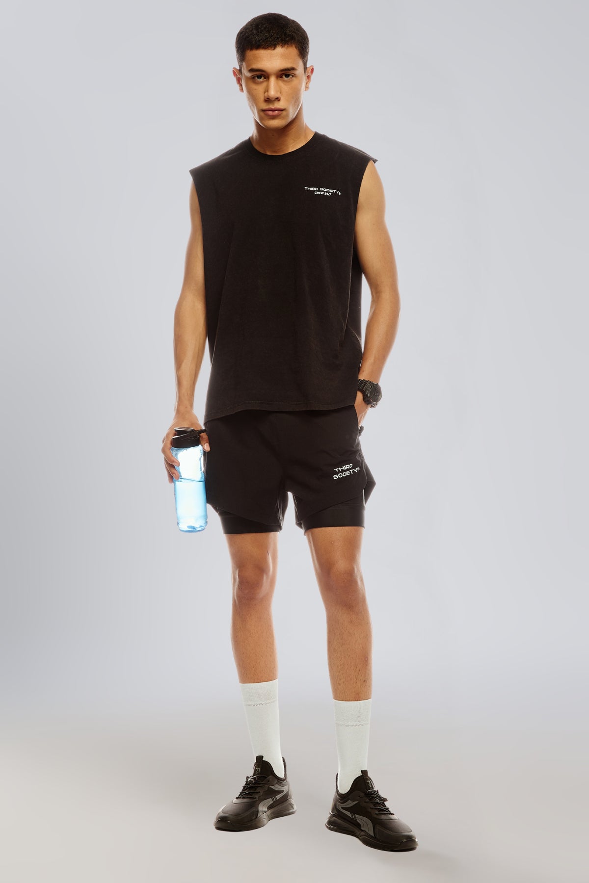 Black carbon wash tank top with Third Society chest logo
