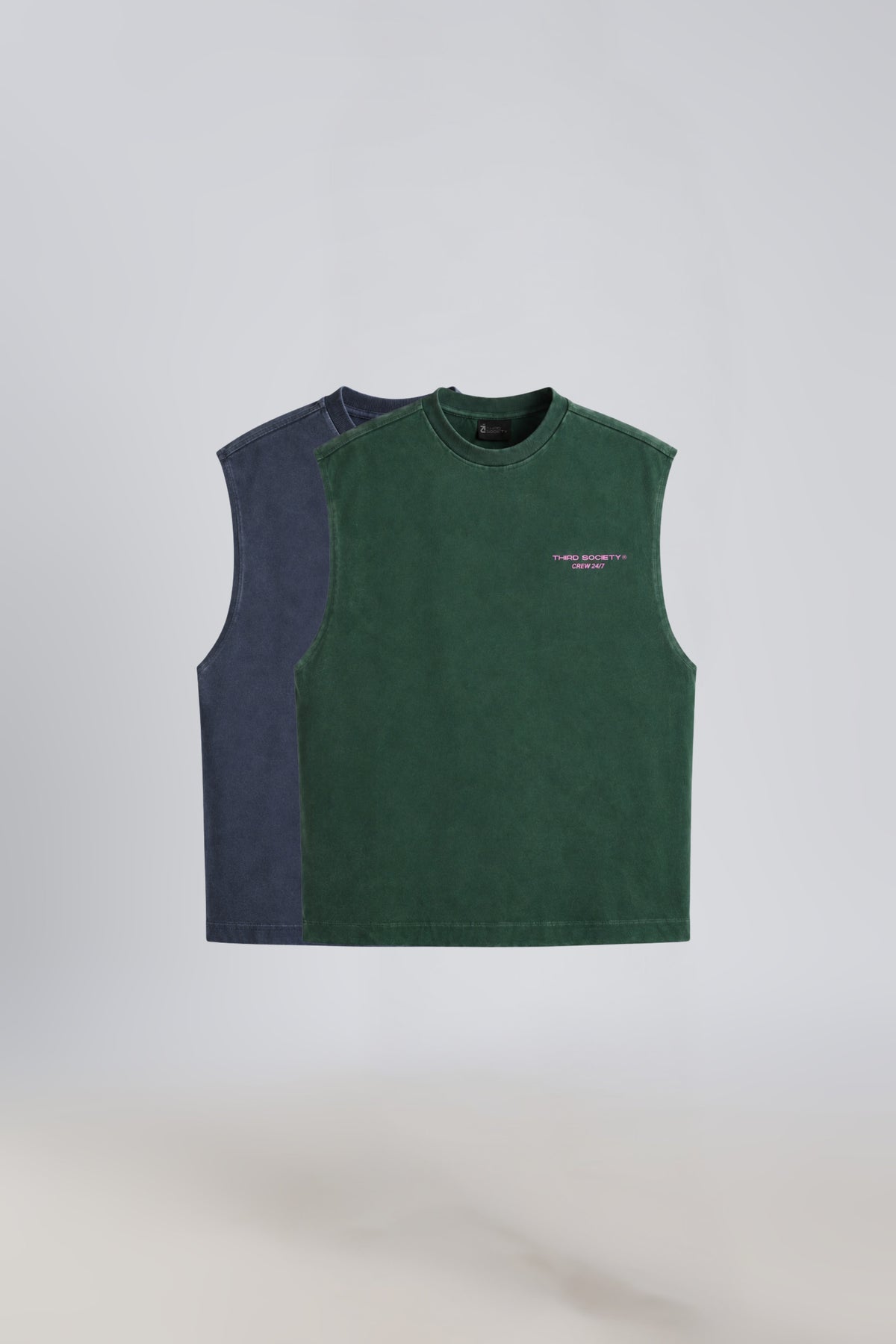 Two men's tank tops in Forest Moss and Iron Slate Wash
