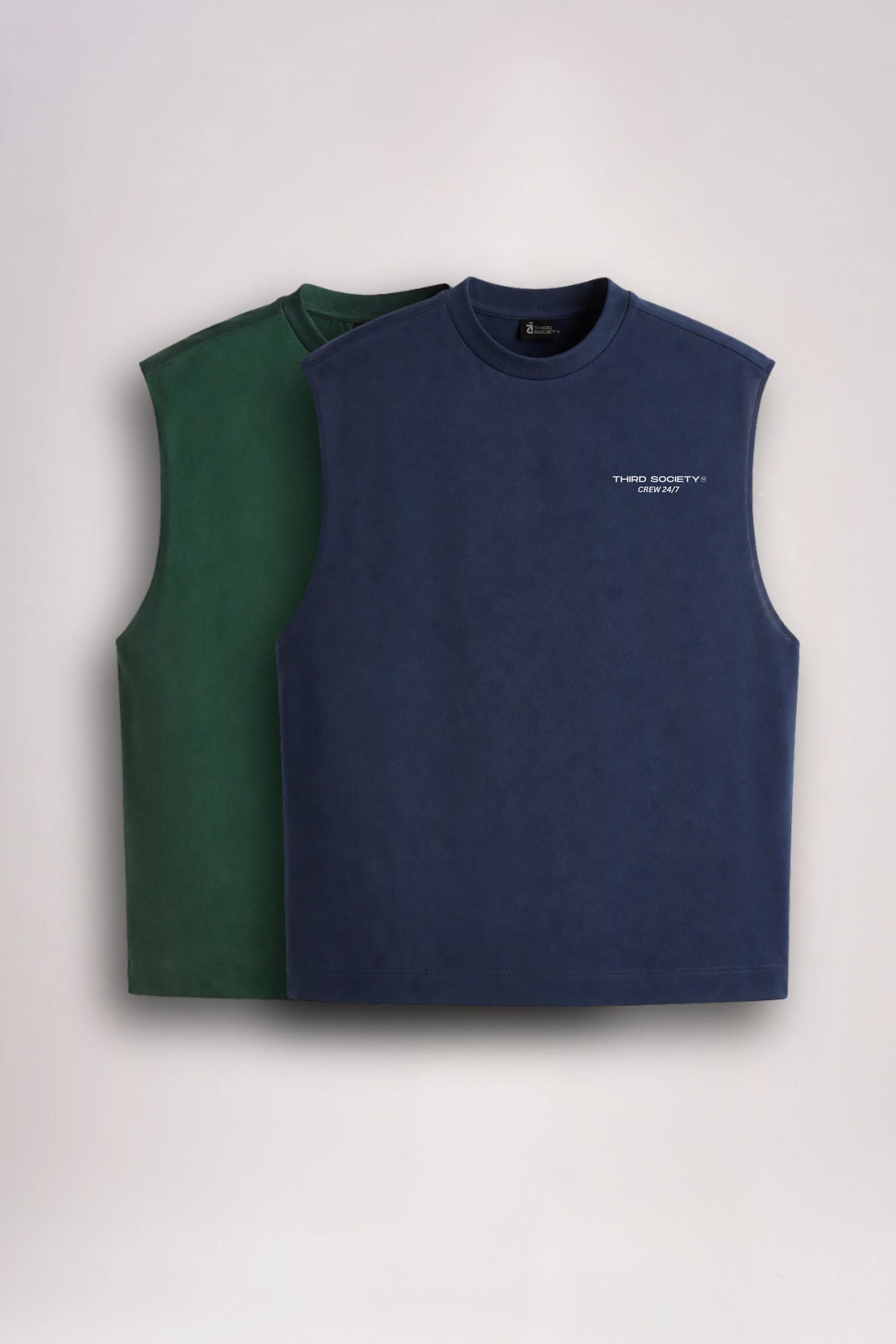 Two men's tank tops in Green and Blue displayed together from the front