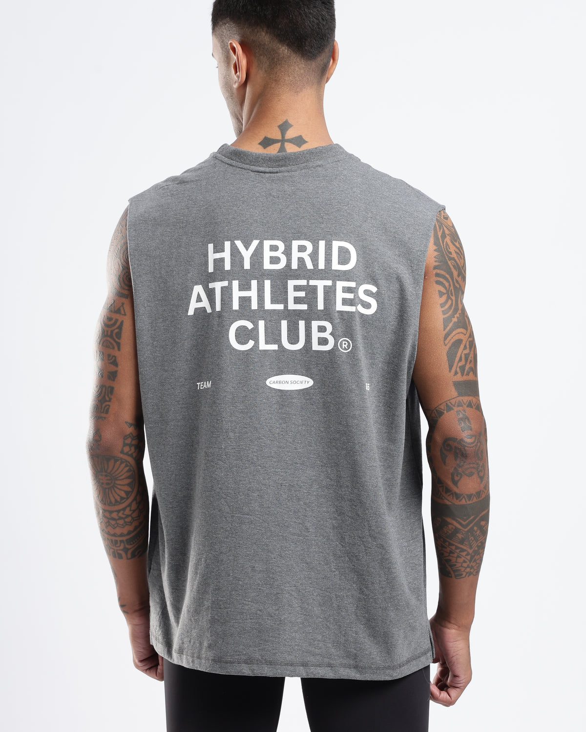 Model wearing the Grey Marl Hybrid Athletes tank top showing the large back graphic