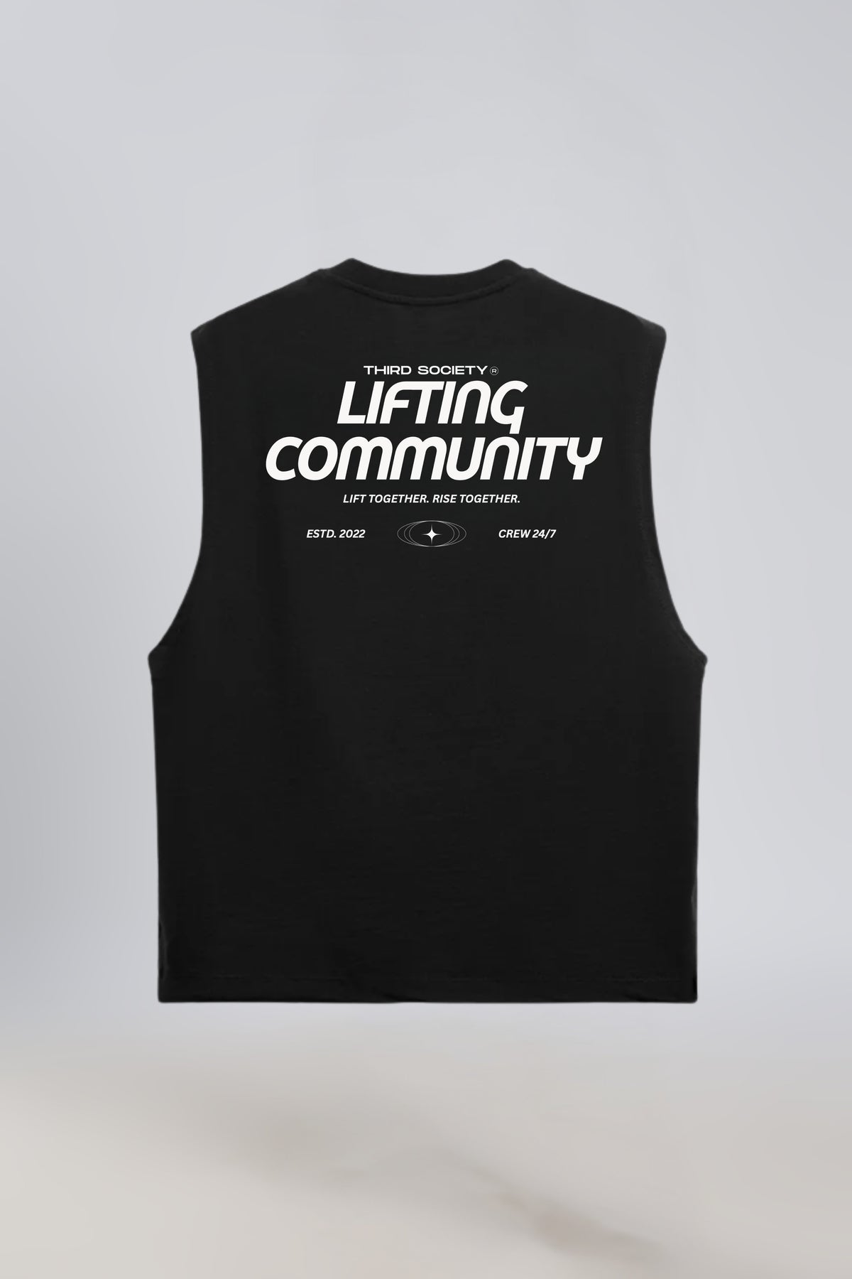 Black tank top with Lifting Community back graphic