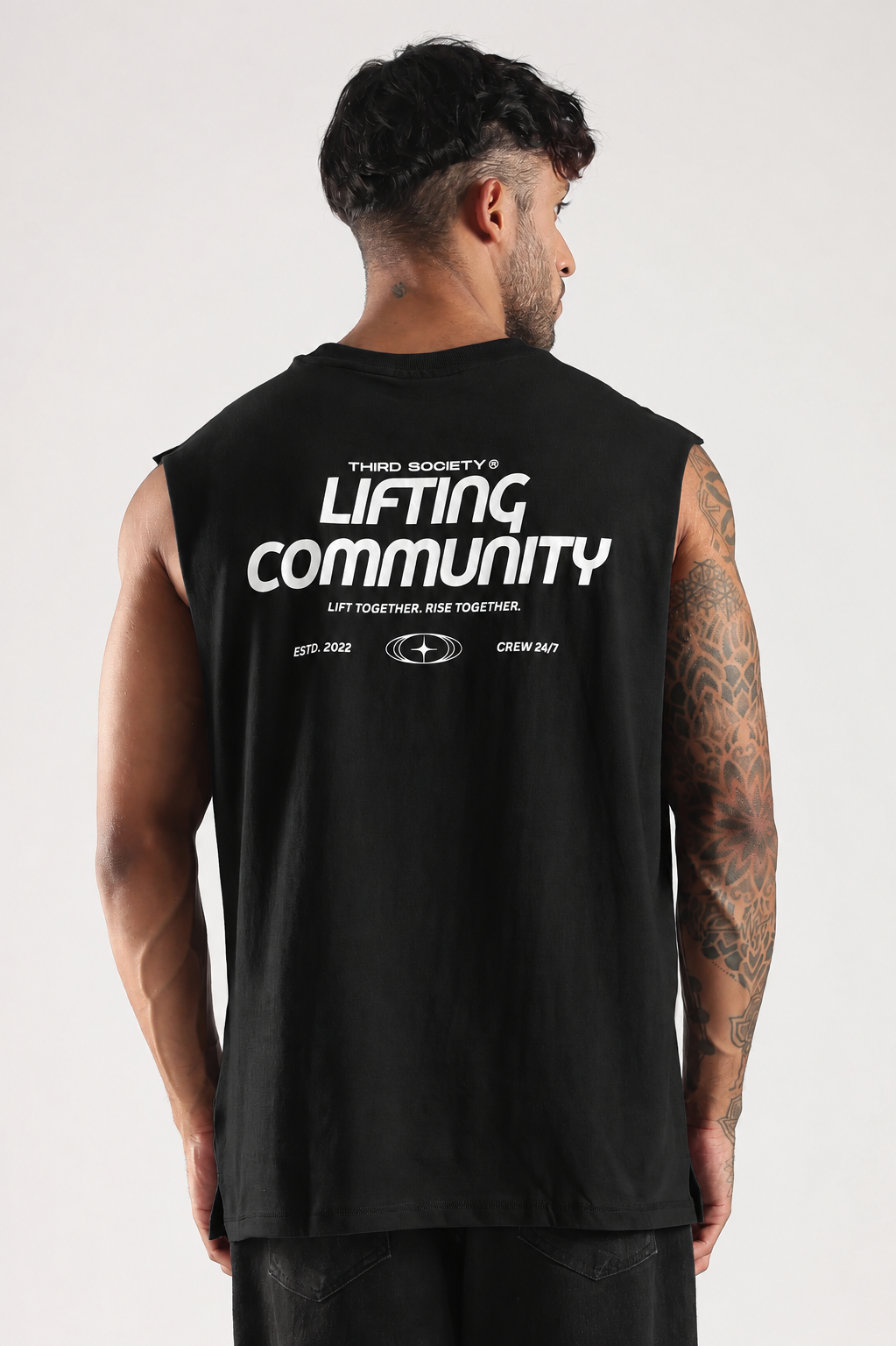 Close-up of the Lifting Community graphic on the black tank top