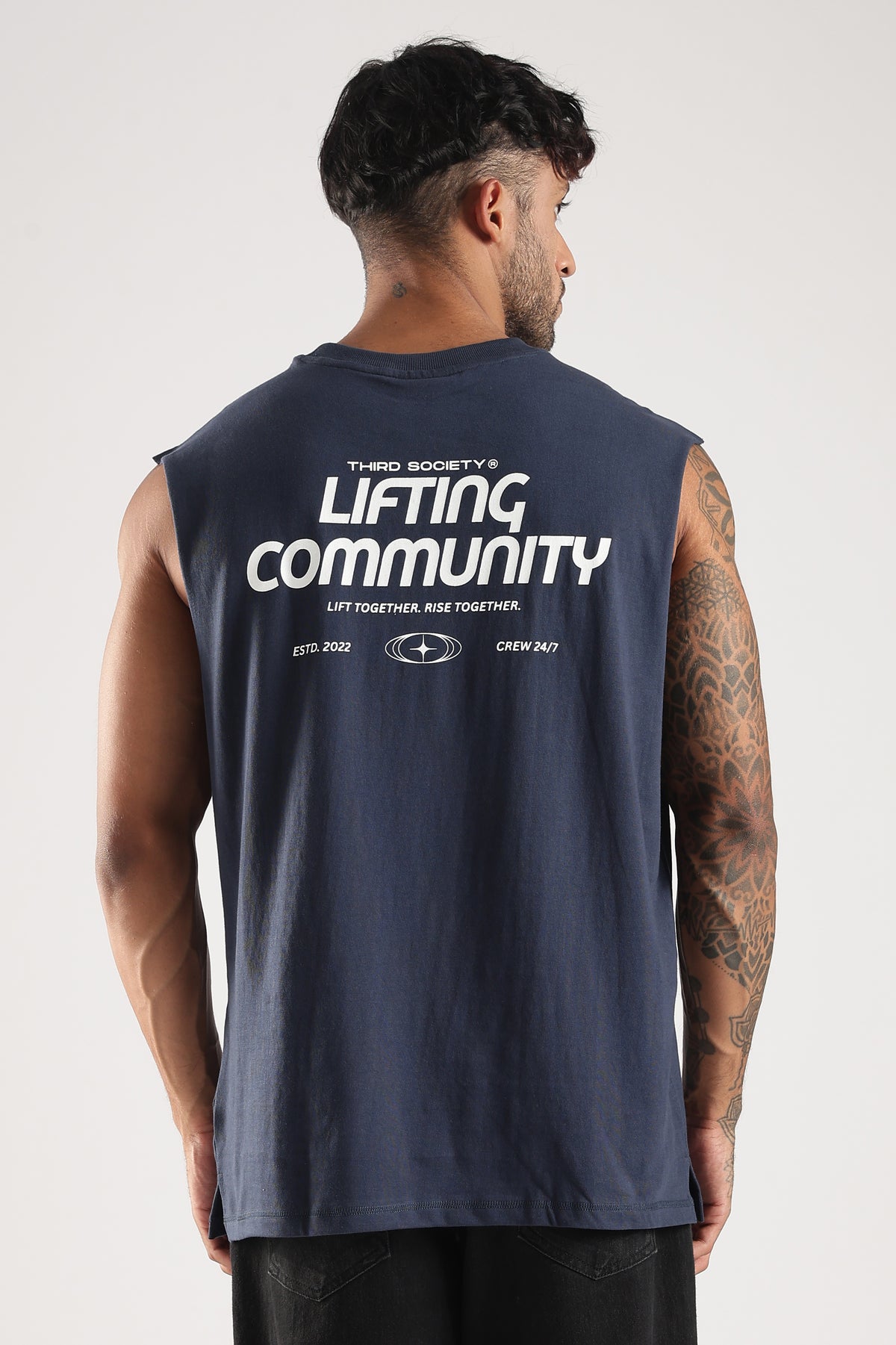 Men's Iron Blue weightlifting tank top showing the Lifting Community back graphic