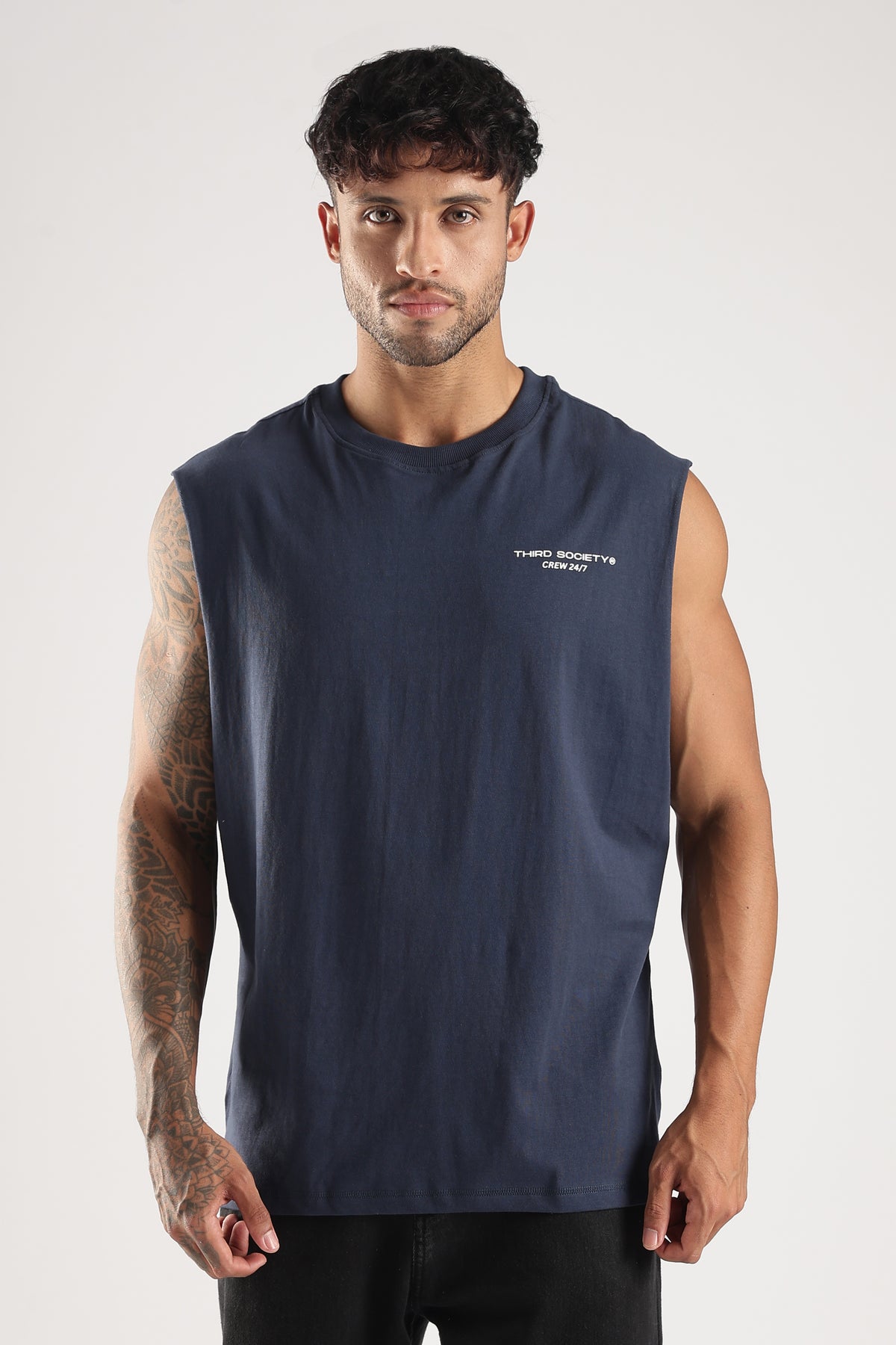 Iron Blue tank top for men showing the front chest detail