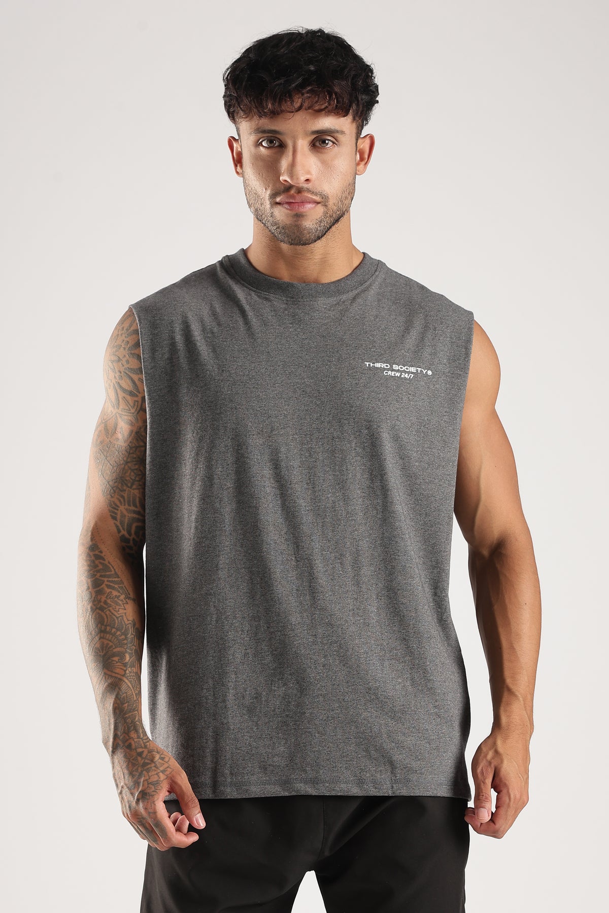 Front view of the Grey Marl tank with a small white chest logo