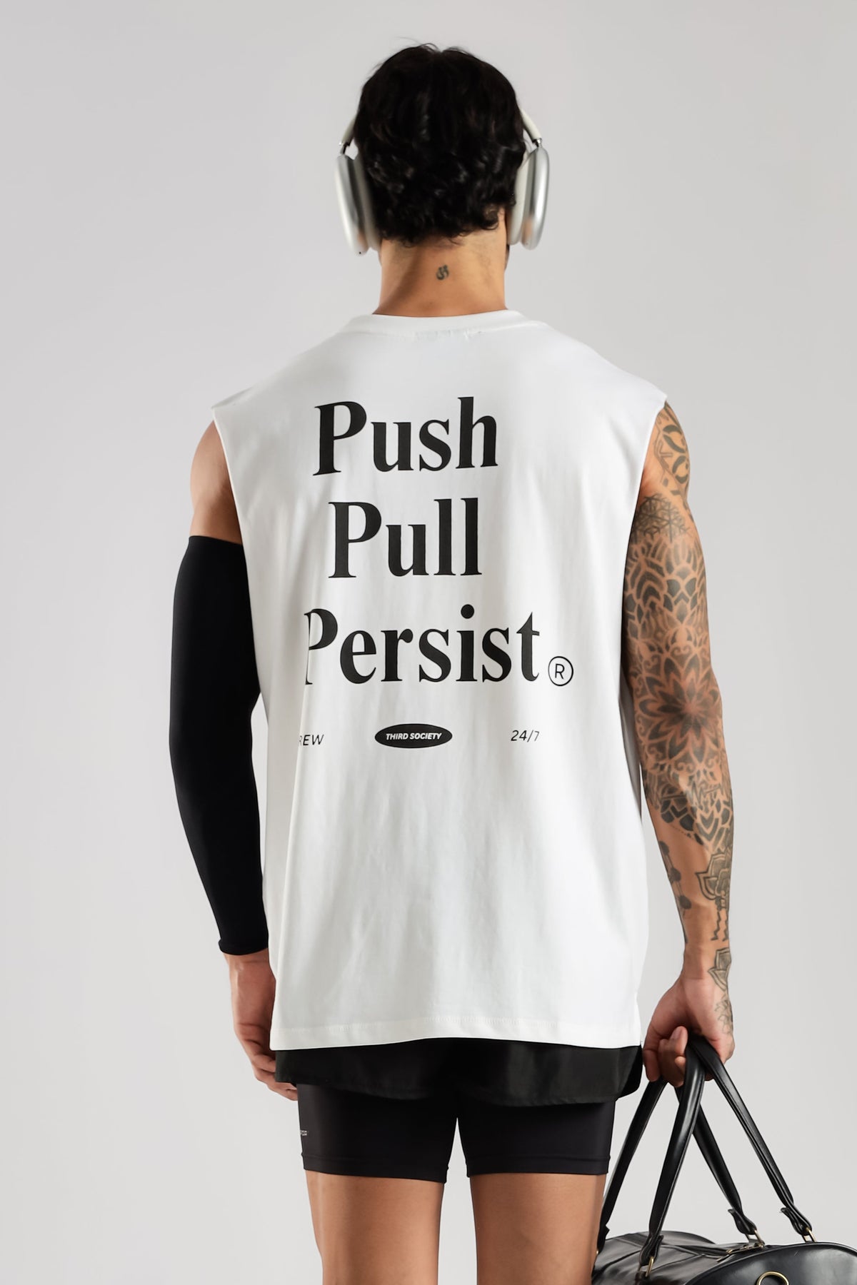 Back view of the white Push Pull Tank showing the Push Pull Persist graphic