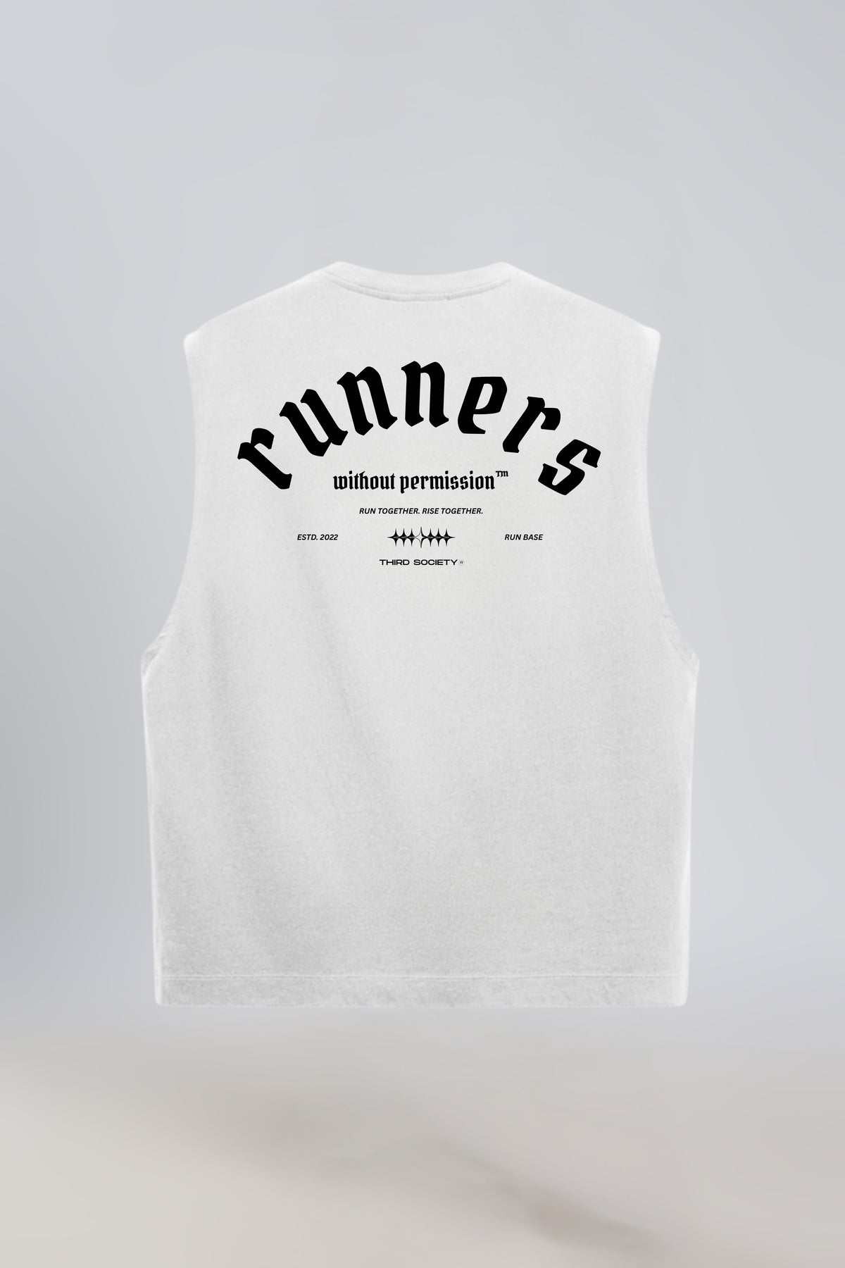White tank top with Runners Without Permission back graphic