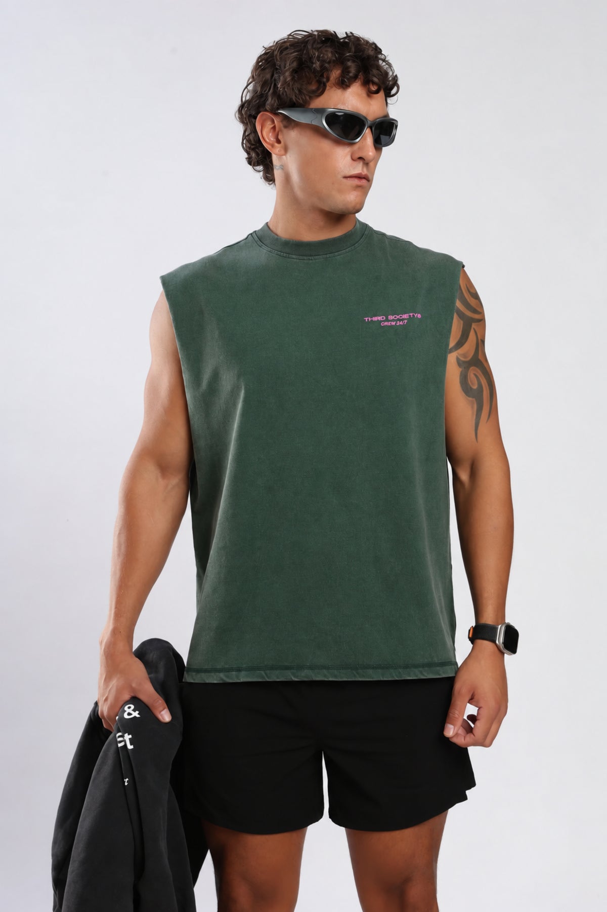Forest Moss men's oversized tank top, front view with Third Society logo in pink colour