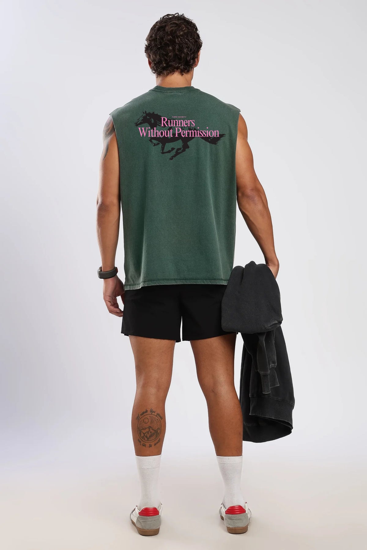 Forest Moss oversized tank top for men with Runners Without Permission back graphic