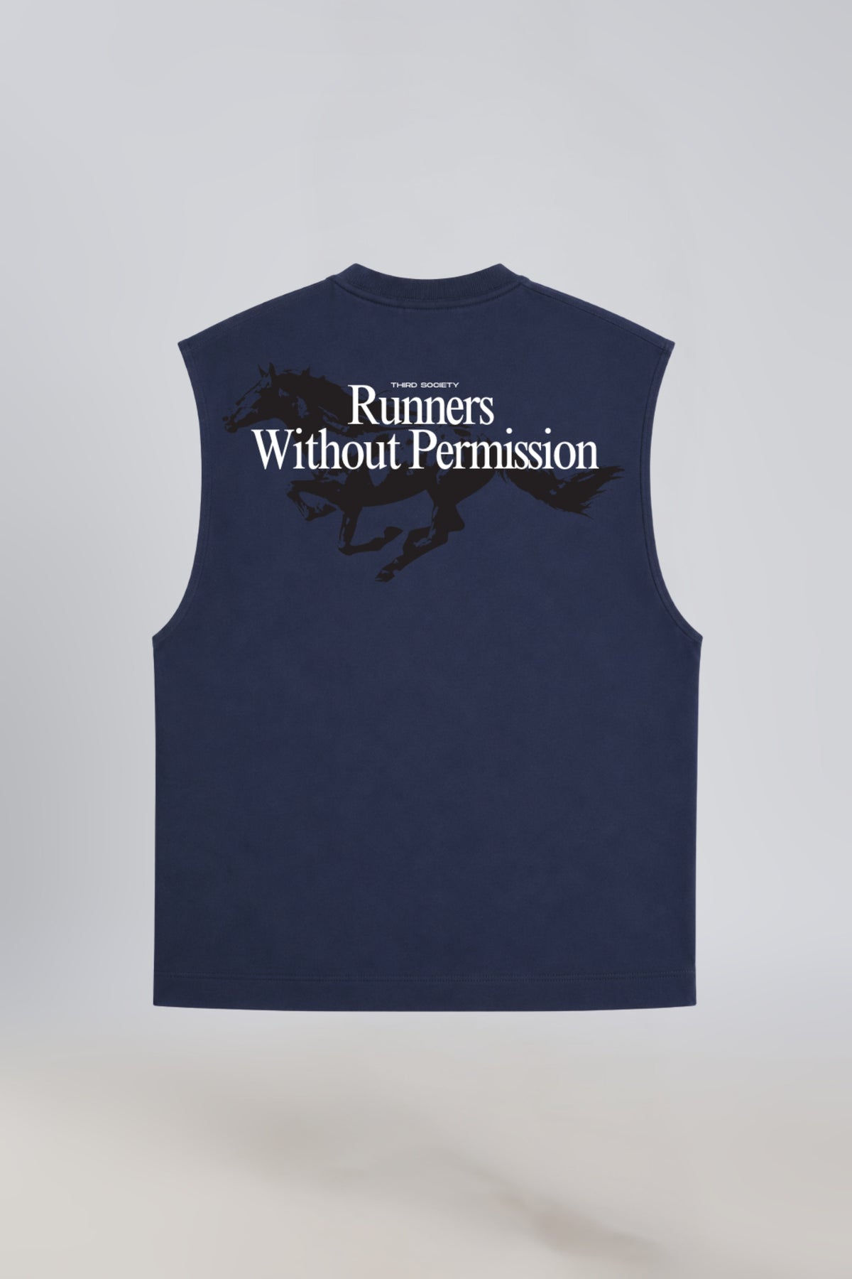 Iron Blue tank top showing the Runners Without Permission horse graphic