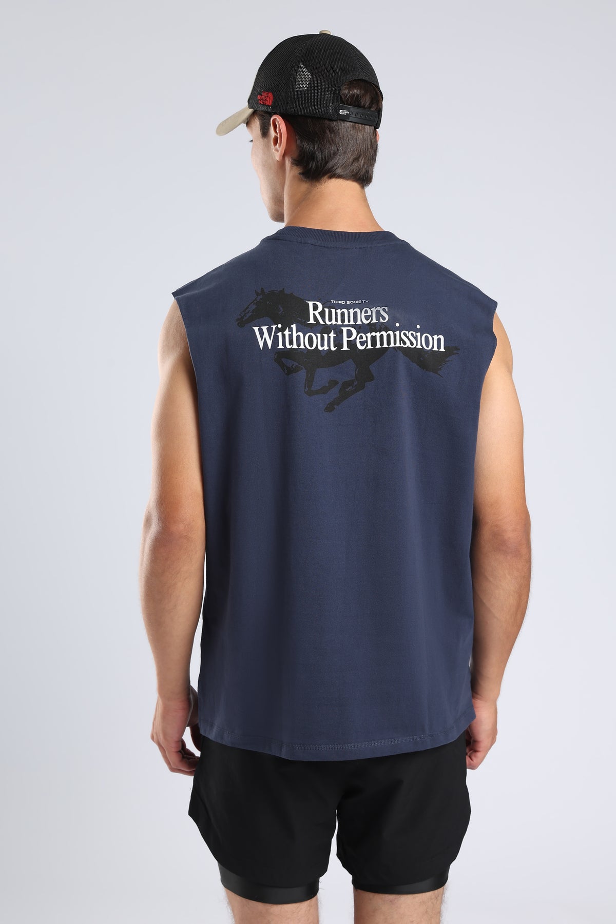 Back view of the Iron Blue tank featuring the Runners Without Permission graphic