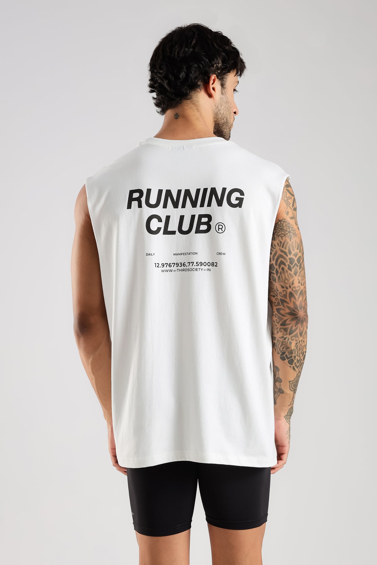 Back view of the white Running Club tank top with graphic