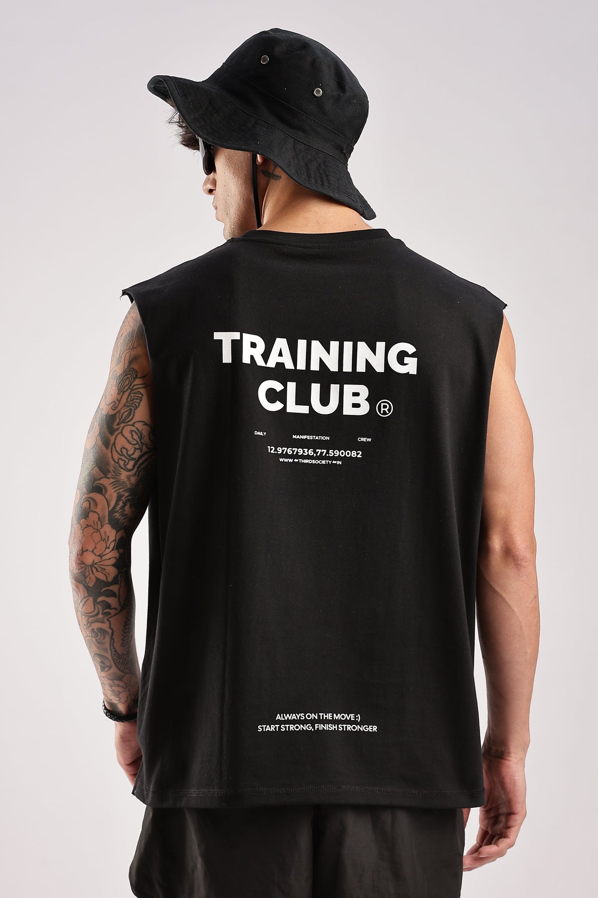 Black men's gym tank top with Training Club back graphic
