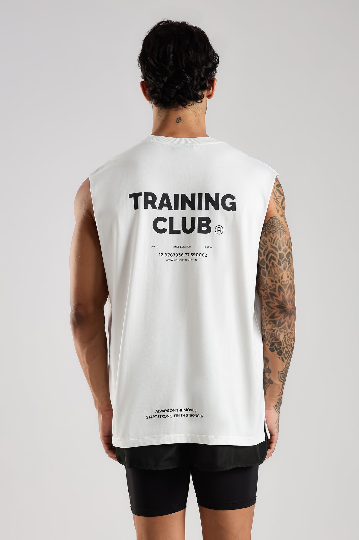 White Training Club tank top showing the large back graphic