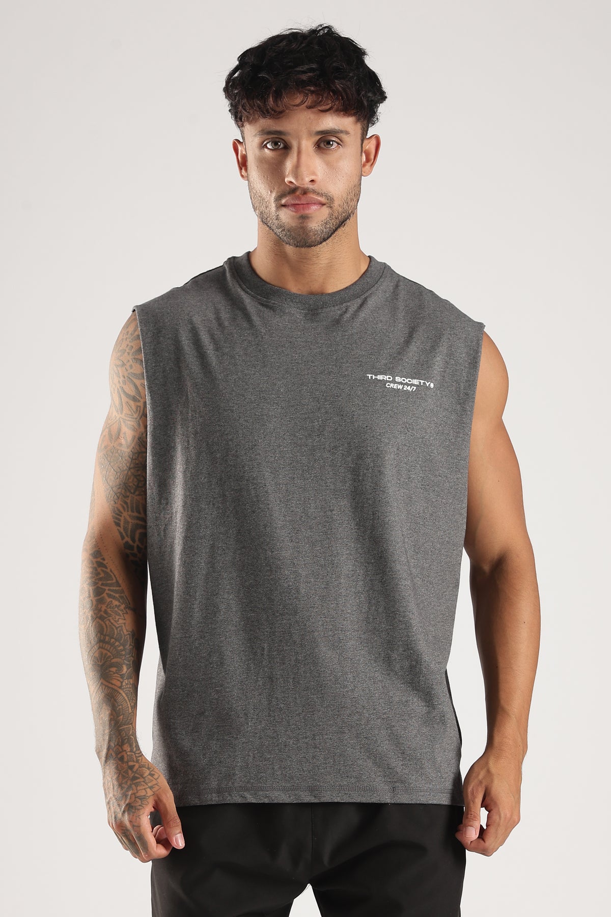 Front view of the Grey Marl Training Dept tank showing its relaxed oversized fit