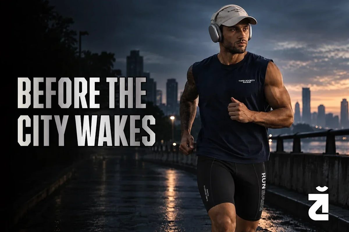Runner wearing the Third Society Iron Blue Tank and Run Base Half Tights Black during a morning run