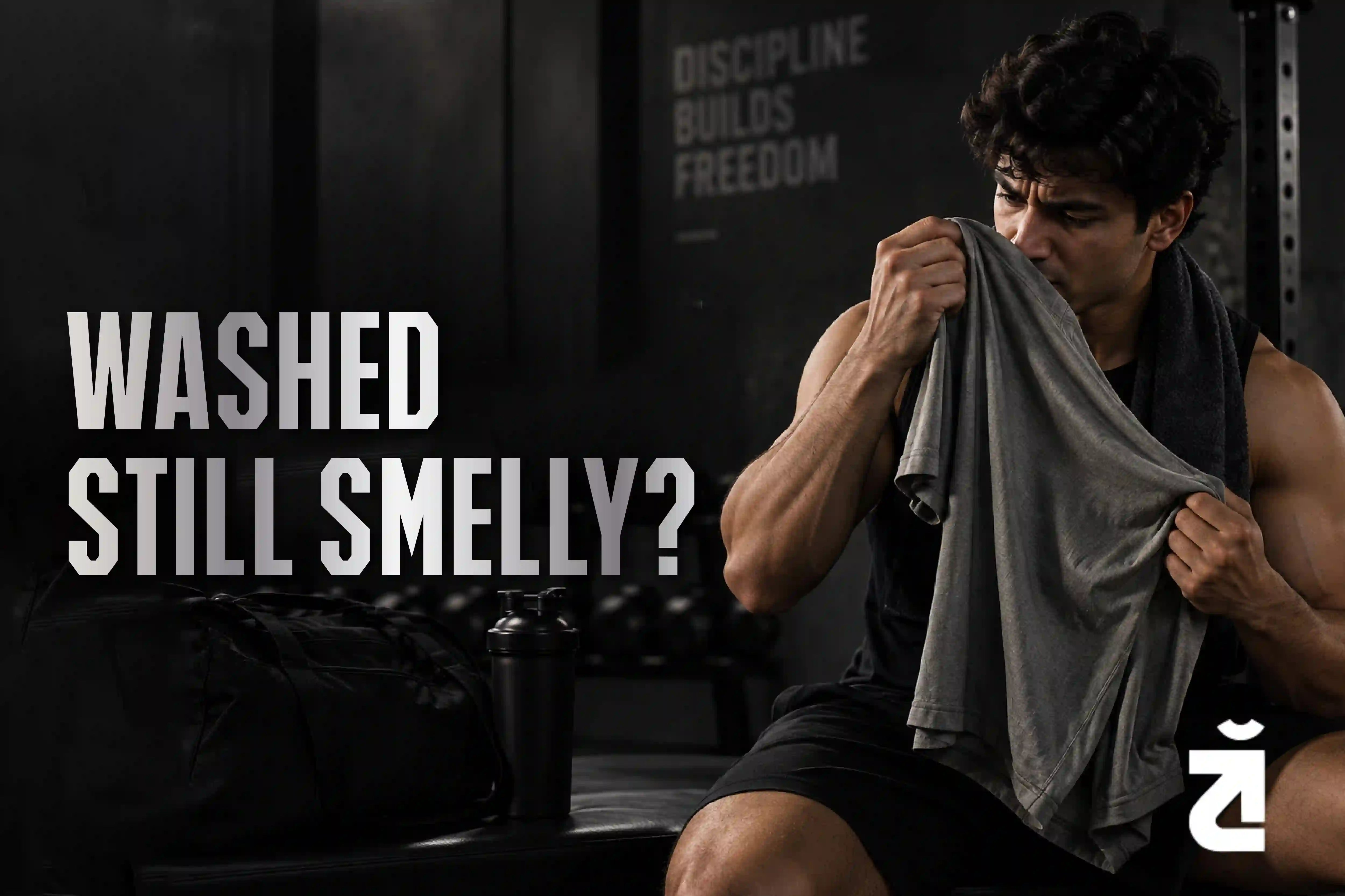 Man wearing a black Third Society tank top smelling a grey gym shirt after a workout