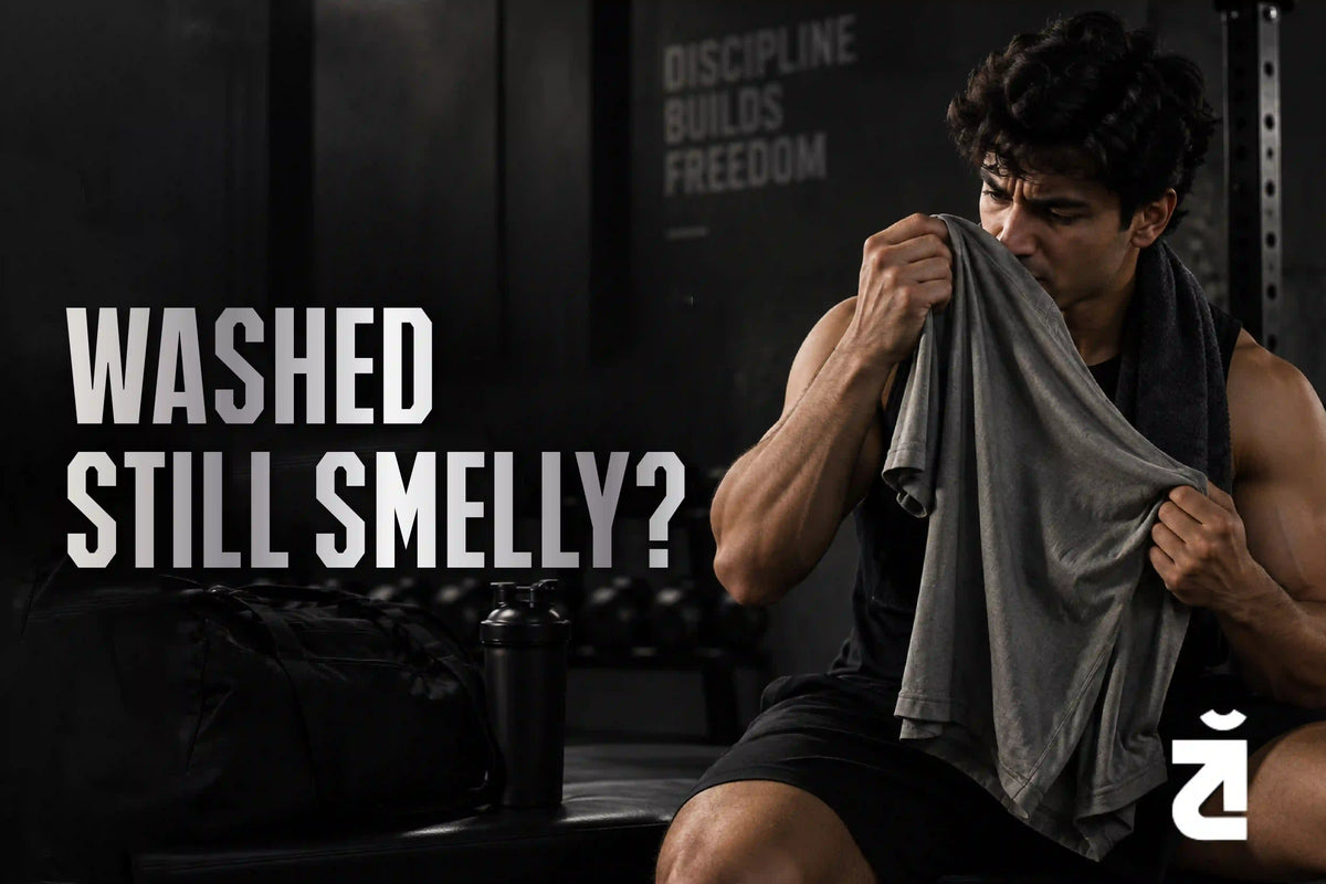 Man wearing a black Third Society tank top smelling a grey gym shirt after a workout