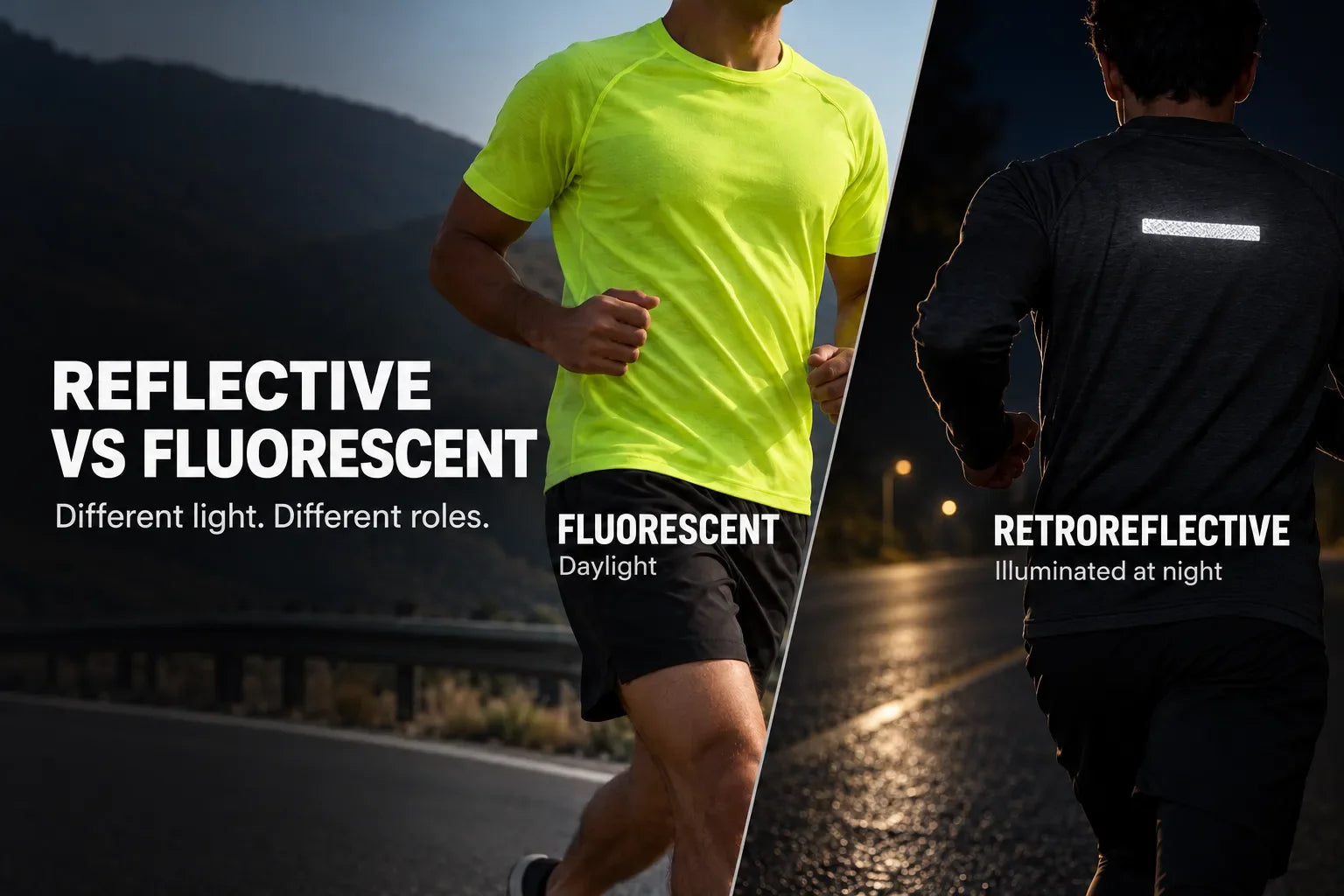 Fluorescent material shown in daylight beside retroreflective material illuminated in darkness.
