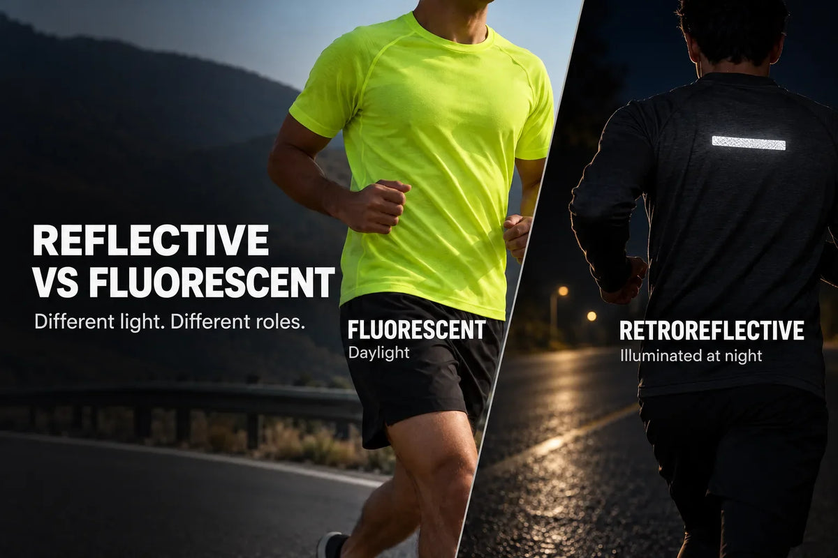Fluorescent material shown in daylight beside retroreflective material illuminated in darkness.