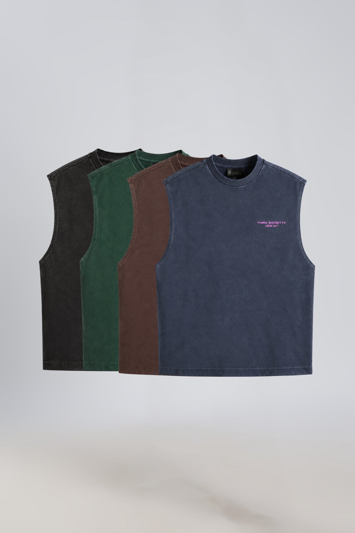 Four Third Society tank tops in Forest Moss, Carbon, Iron Slate and Burnt Umber washes