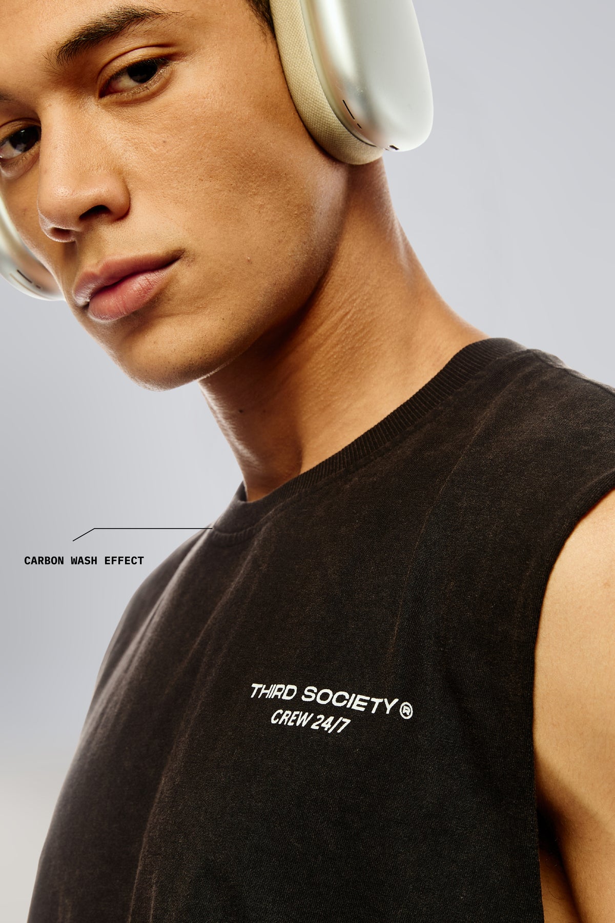 Close-up of black carbon wash tank top showing the Third Society logo and neckline