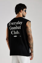 Close back view of the black Combat Club tank top showing the Everyday Combat Club graphic