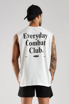 Back view of the white Combat Club Tank featuring a large black Everyday Combat Club graphic