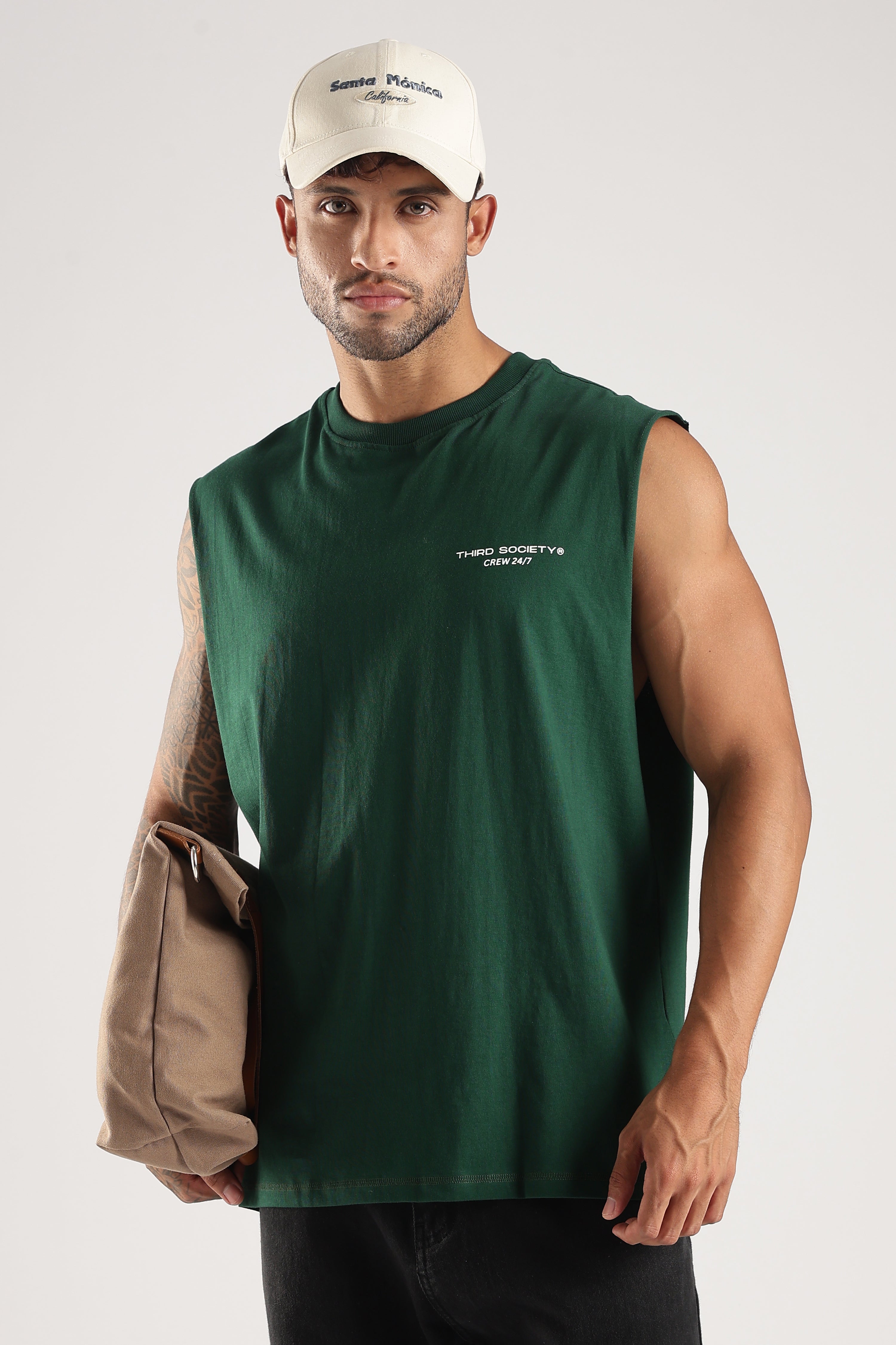 Close-up of the Forest Green tank top showing the crew neck and Third Society chest branding