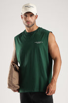 Close-up of the Forest Green tank top showing the crew neck and Third Society chest branding