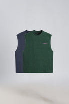Two men's tank tops in Forest Moss and Iron Slate Wash