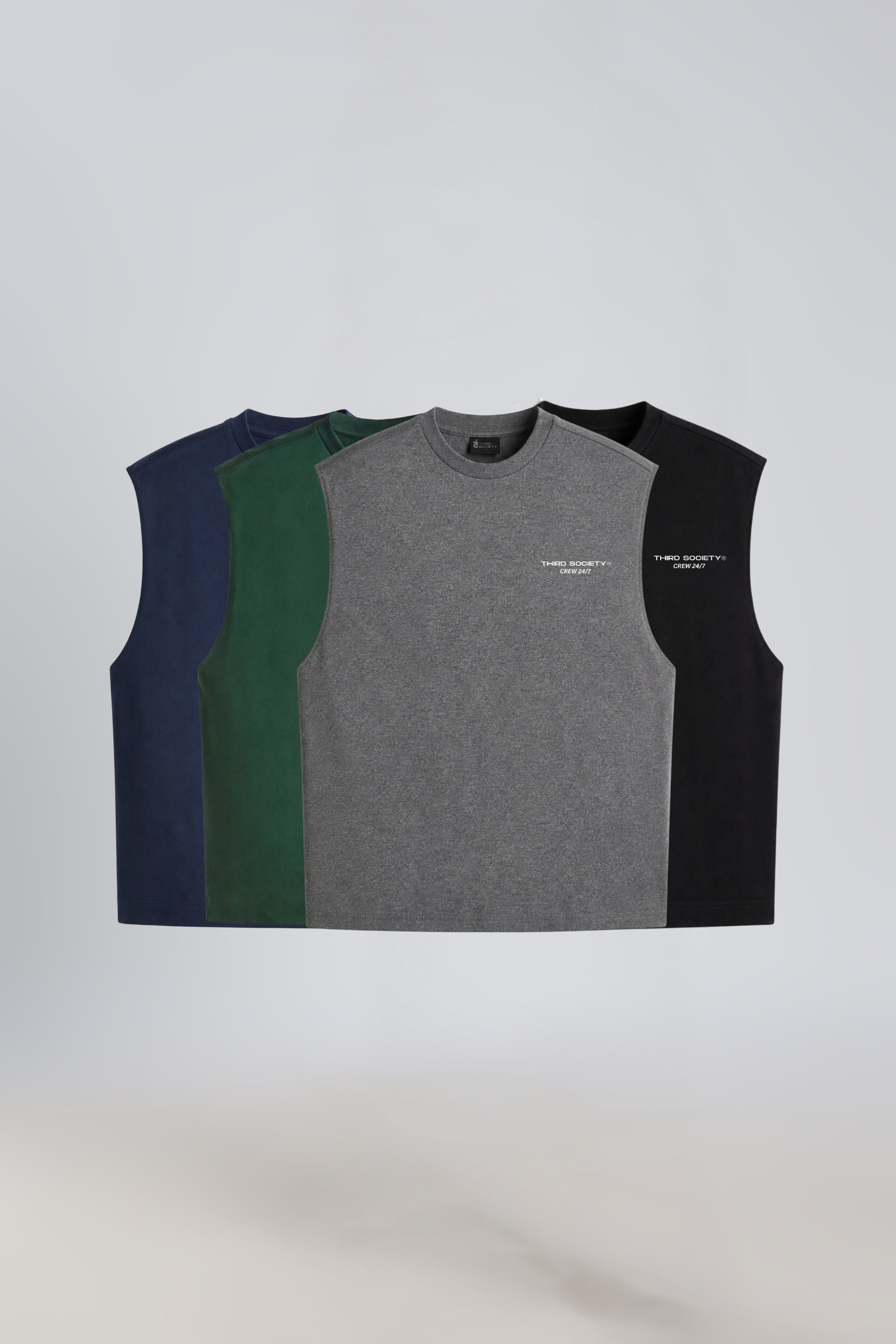 Four men's tank tops in Navy, Forest Green, Grey Marl and Black displayed together