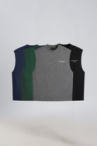 Four men's tank tops in Navy, Forest Green, Grey Marl and Black displayed together