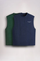 Two men's tank tops in Green and Blue displayed together from the front
