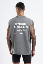 Model wearing the Grey Marl Hybrid Athletes tank top showing the large back graphic