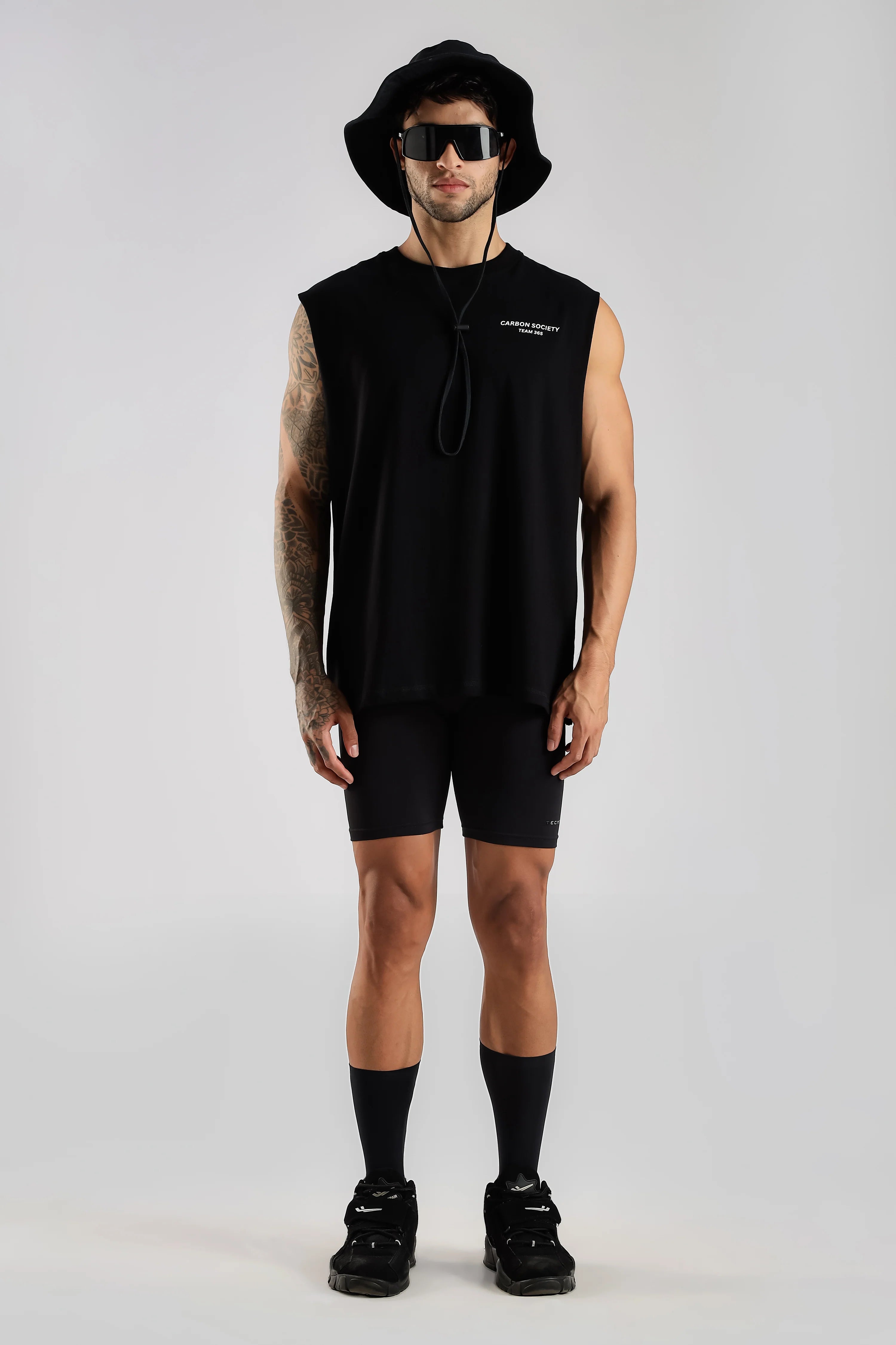 Black men's sleeveless tank top, front view