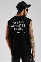 Black tank top showing Hybrid Athletes Club back graphic and relaxed fit