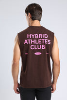 Close-up of the pink Hybrid Athletes Club graphic on the brown tank
