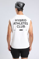 Close-up of the black Hybrid Athletes Club graphic on the white tank