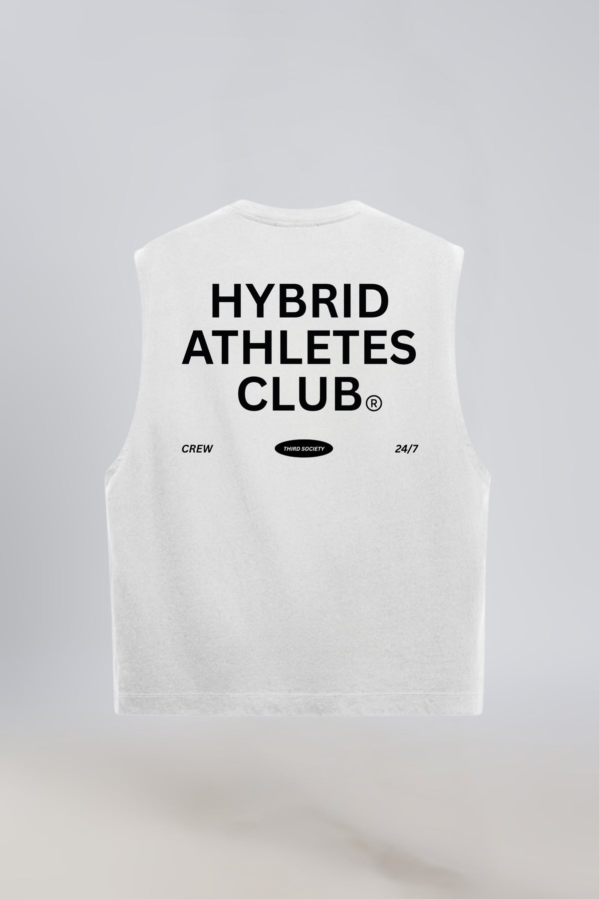 White tank top with bold Hybrid Athletes Club back graphic