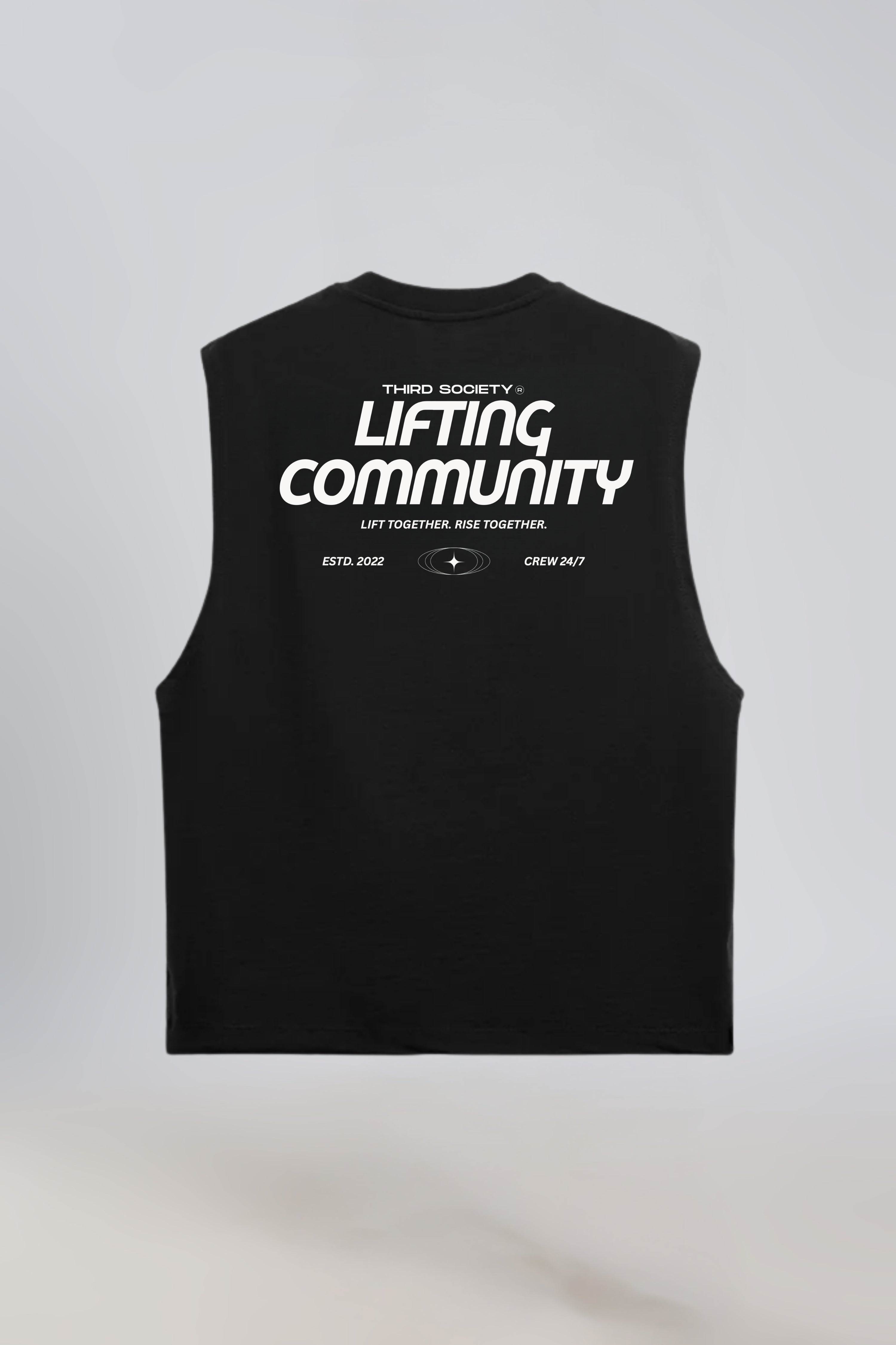 Black tank top with Lifting Community back graphic