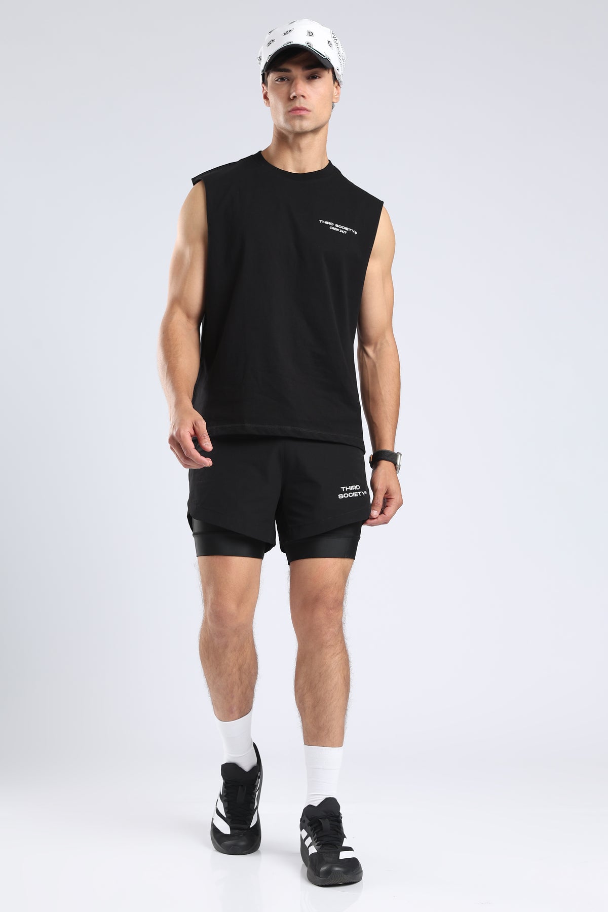 Front view of the black Lifting Community tank with an oversized fit