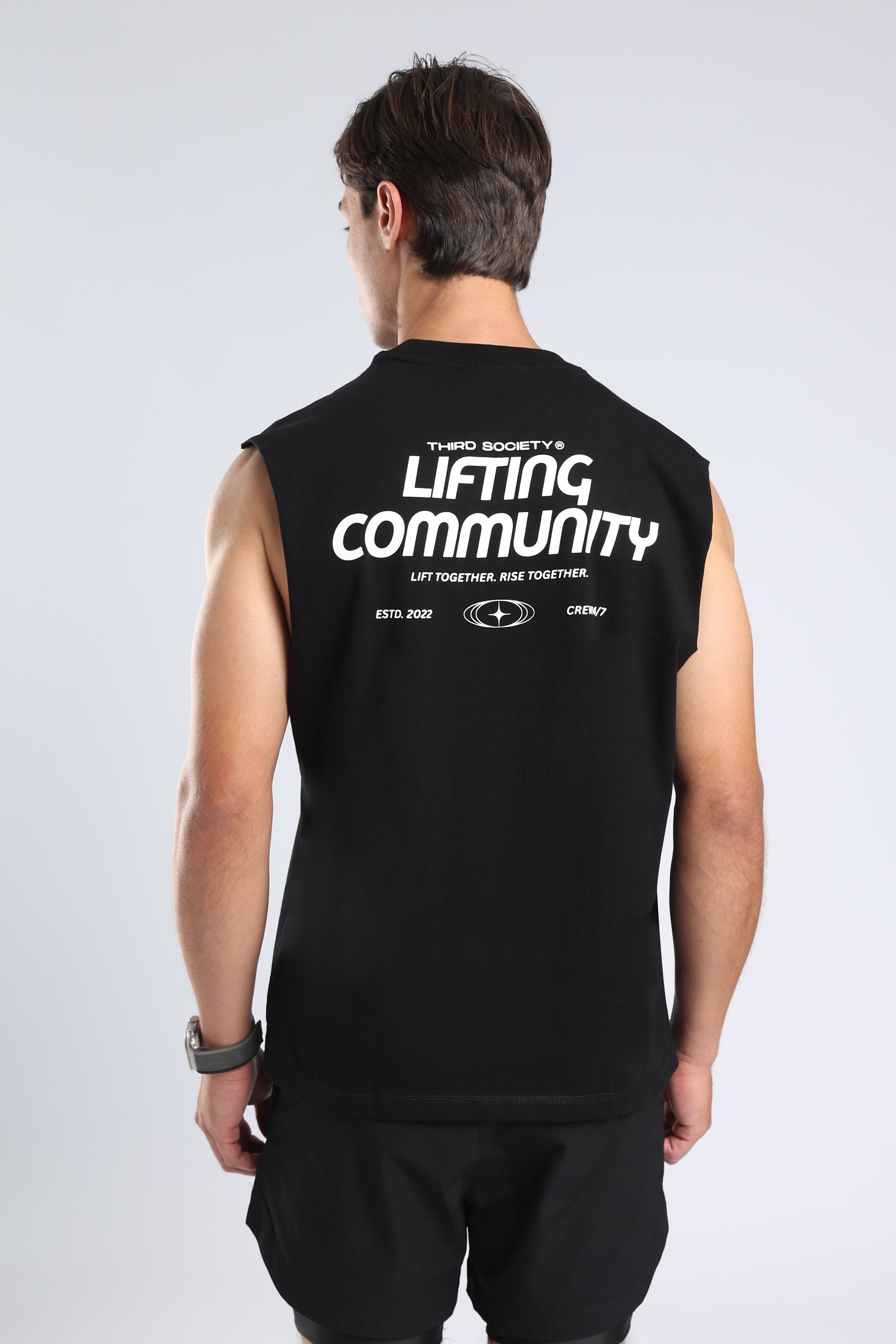 Close-up of the Lifting Community graphic on the black tank