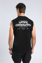 Close-up of the Lifting Community graphic on the black tank