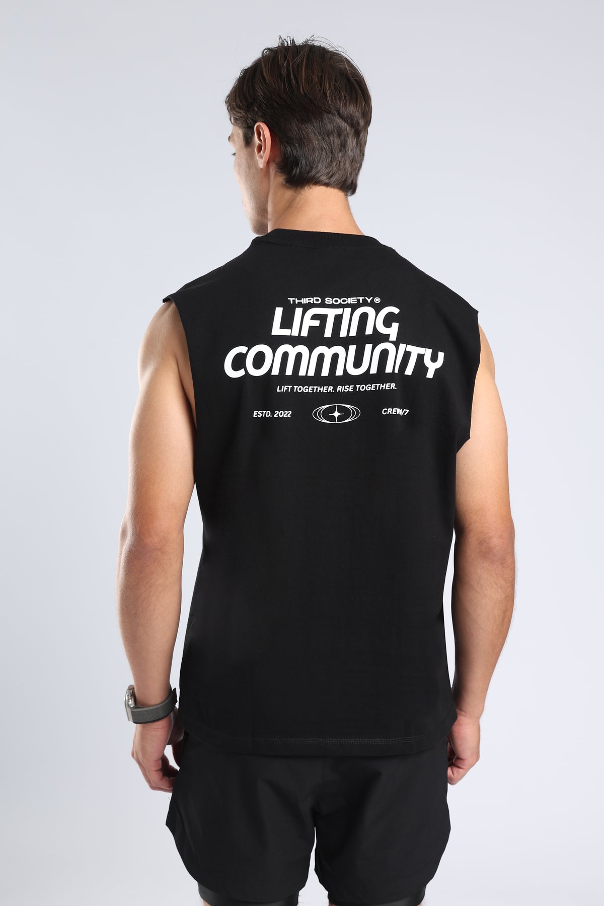 Close-up of the Lifting Community graphic on the black tank