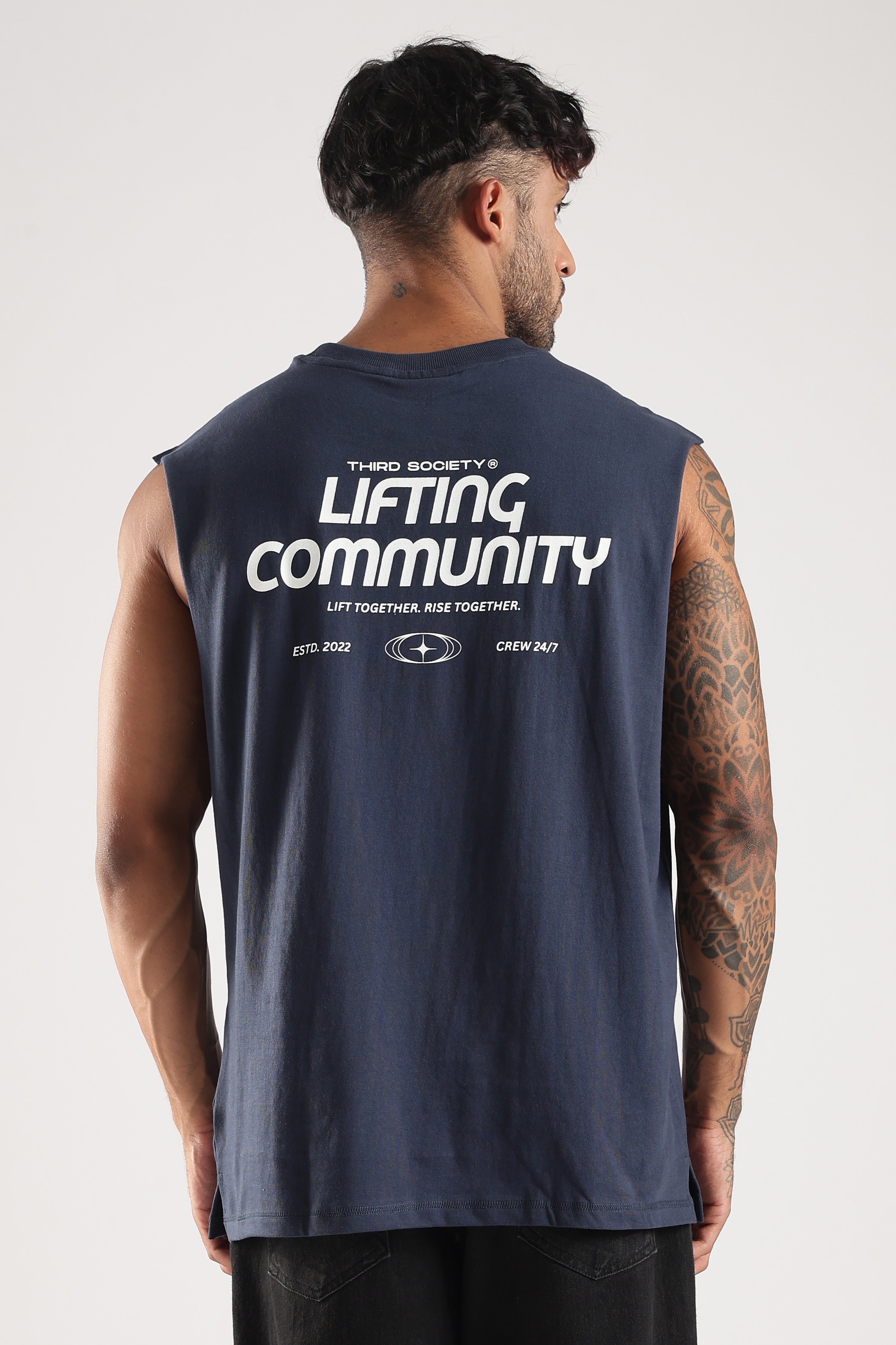 Men's Iron Blue weightlifting tank top showing the Lifting Community back graphic