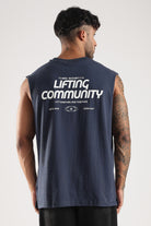 Men's Iron Blue weightlifting tank top showing the Lifting Community back graphic